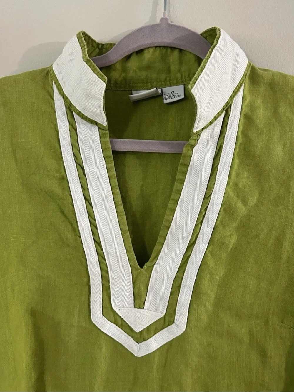 Alexandra Bartlett Top Tunic Blouse Popover 1X Green 100% Linen 3/4 Sleeve Split - Picture 3 of 8
